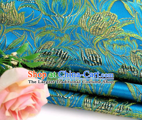 Asian Chinese Traditional Royal Tulip Pattern Blue Satin Nanjing Brocade Fabric Tang Suit Silk Material