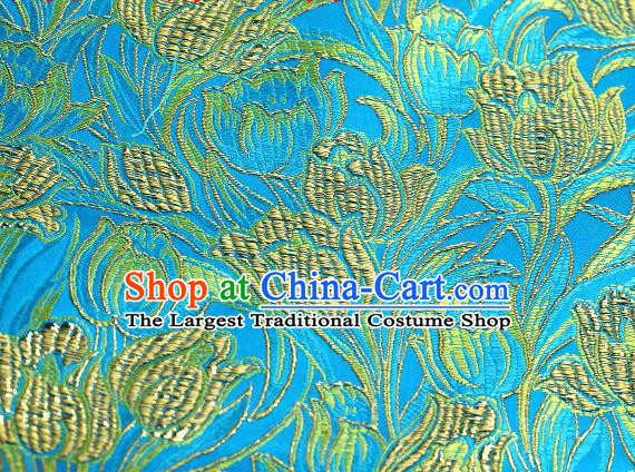 Asian Chinese Traditional Royal Tulip Pattern Blue Satin Nanjing Brocade Fabric Tang Suit Silk Material
