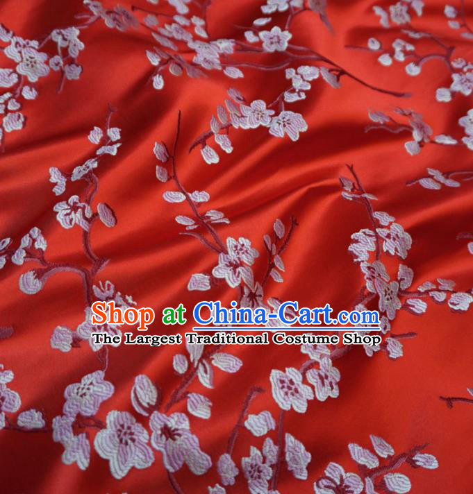 Asian Chinese Traditional Brocade Fabric Embroidered Plum Blossom Pattern Red Satin Tang Suit Silk Material