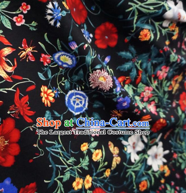 Asian Chinese Traditional Fabric Flowers Pattern Tang Suit Black Cotton Material