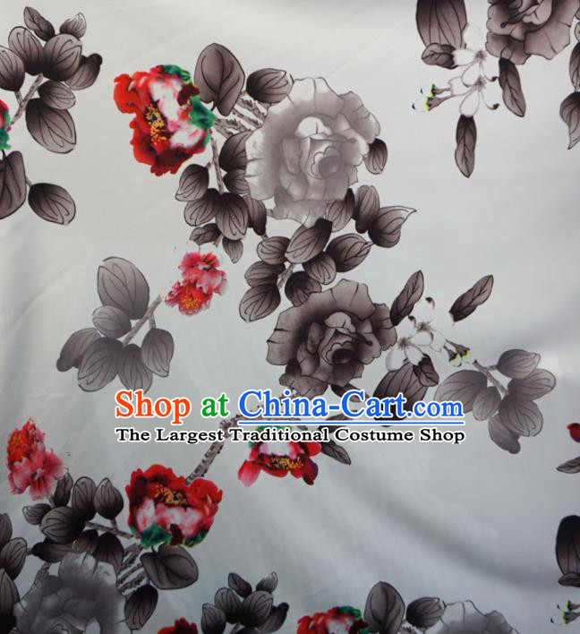 Asian Chinese Ink Painting Peony Design Pattern Brocade Traditional Cheongsam Satin Fabric Tang Suit Silk Material