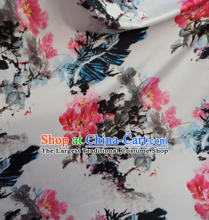 Asian Chinese Ink Painting Peony Brocade Traditional Cheongsam Satin Fabric Tang Suit Silk Material