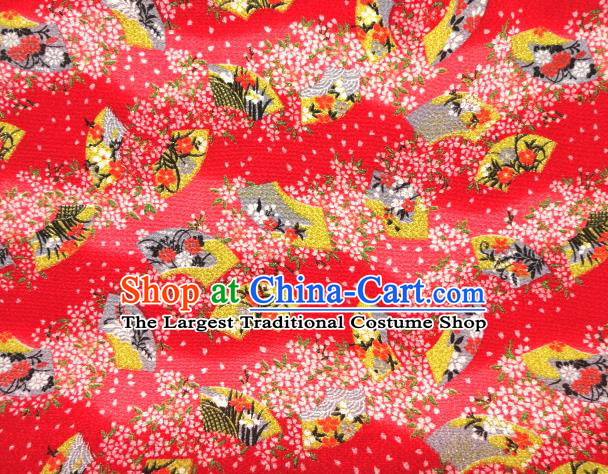 Asian Traditional Classical Sakura Fan Pattern Red Tapestry Satin Brocade Fabric Japanese Kimono Silk Material