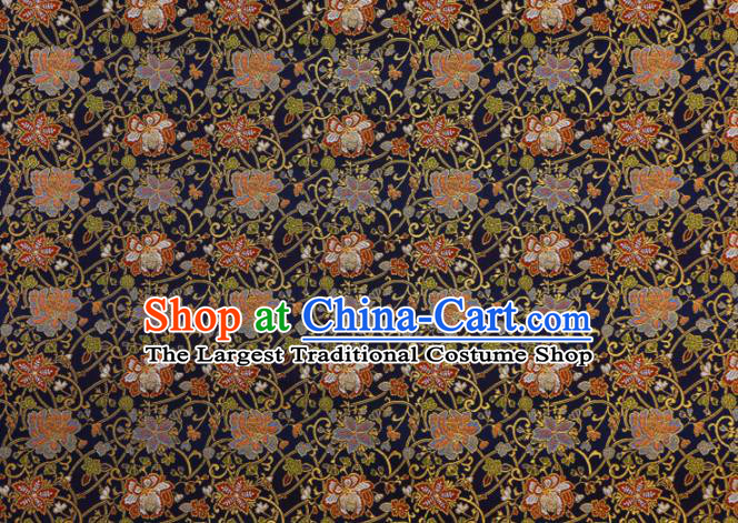 Asian Traditional Classical Flowers Pattern Nishijin Navy Brocade Fabric Japanese Kimono Satin Silk Material