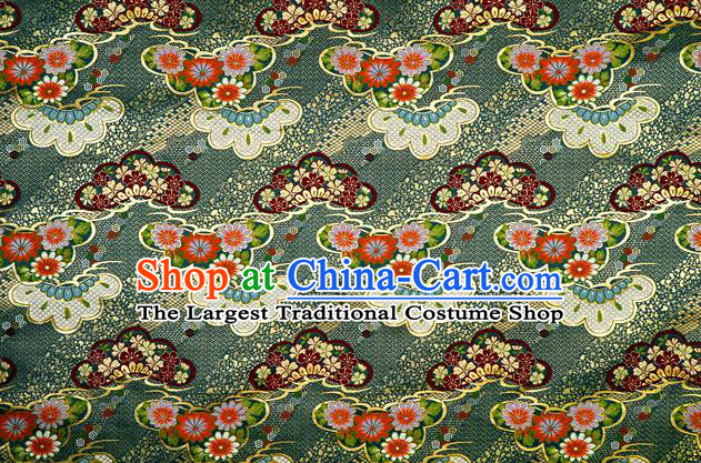 Asian Traditional Classical Daisy Pattern Deep Green Tapestry Satin Nishijin Brocade Fabric Japanese Kimono Silk Material