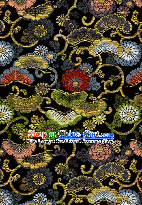 Asian Traditional Classical Chrysanthemum Pattern Black Tapestry Satin Nishijin Brocade Fabric Japanese Kimono Silk Material
