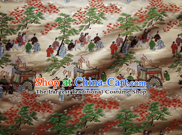 Asian Traditional Classical Genji View Pattern Golden Tapestry Satin Nishijin Brocade Fabric Japanese Kimono Silk Material
