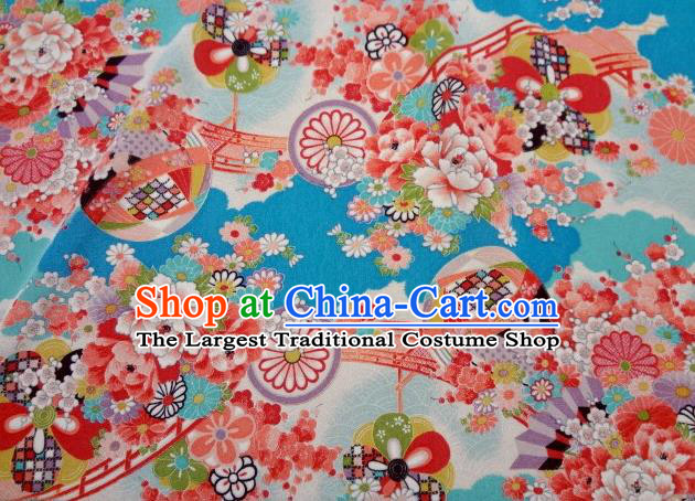 Asian Traditional Classical Peony Daisy Pattern Blue Tapestry Satin Nishijin Brocade Fabric Japanese Kimono Silk Material