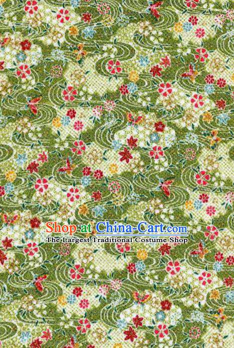 Asian Traditional Classical Maple Leaf Pattern Green Brocade Tapestry Satin Fabric Japanese Kimono Silk Material