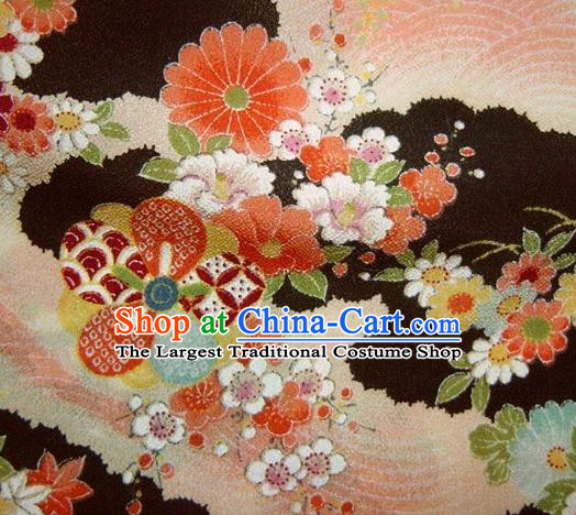 Asian Traditional Classical Peony Pattern Black Brocade Tapestry Satin Fabric Japanese Kimono Silk Material