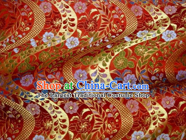 Asian Traditional Baldachin Classical Flowers Pattern Red Brocade Fabric Japanese Kimono Tapestry Satin Silk Material