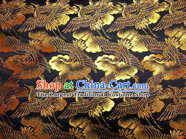 Asian Traditional Japanese Kimono Classical Cranes Pattern Black Brocade Tapestry Satin Fabric Baldachin Silk Material