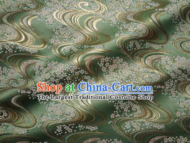 Asian Japanese Traditional Green Brocade Classical Sakura Pattern Baldachin Fabric Kimono Tapestry Satin Silk Material