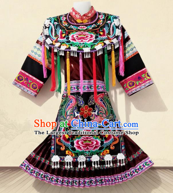 Chinese Traditional Ethnic Folk Dance Costume Miao Nationality Embroidered Dress for Women