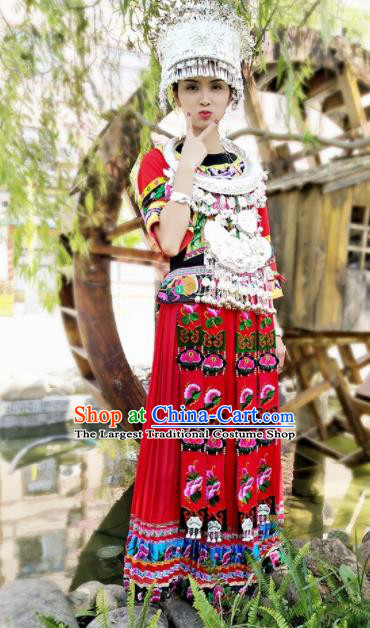 Chinese Traditional Ethnic Folk Dance Costume Miao Nationality Bride Wedding Red Embroidered Dress for Women
