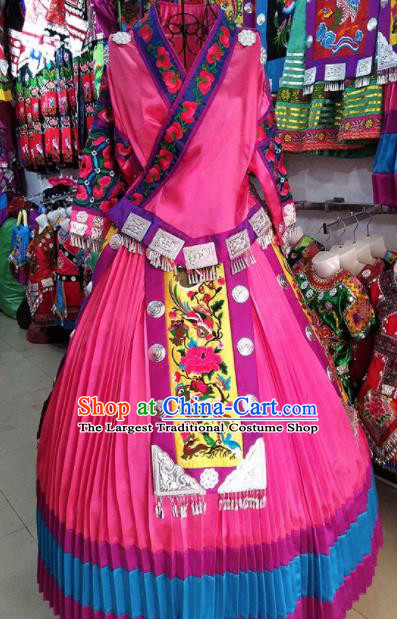 Chinese Traditional Hmong Ethnic Costume Miao Nationality Folk Dance Pink Dress for Women