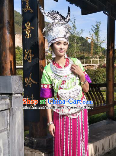 Chinese Traditional Hmong Ethnic Female Costume Miao Nationality Folk Dance Pleated Skirt and Headdress for Women