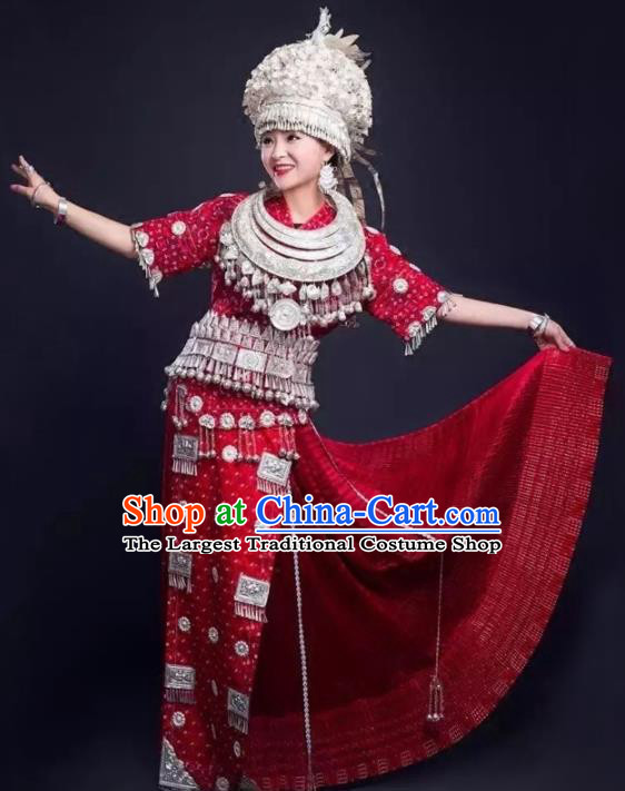 Chinese Traditional Hmong Ethnic Wedding Costume Miao Nationality Folk Dance Red Pleated Skirt and Headdress for Women