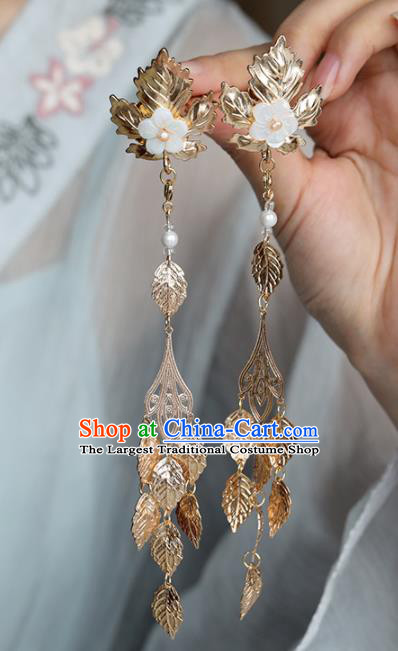 Chinese Traditional Hanfu Hair Accessories Ancient Princess Golden Leaf Tassel Hairpins for Women