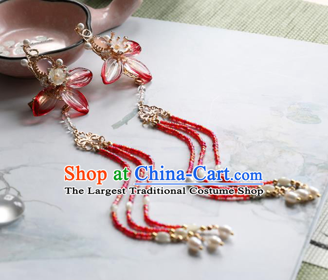 Chinese Traditional Hanfu Hair Accessories Ancient Princess Red Flower Tassel Hair Claws Hairpins for Women