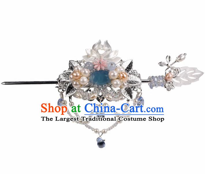 Chinese Ancient Princess Hairpins Shell Lotus Hair Crown Traditional Hanfu Hair Accessories for Women