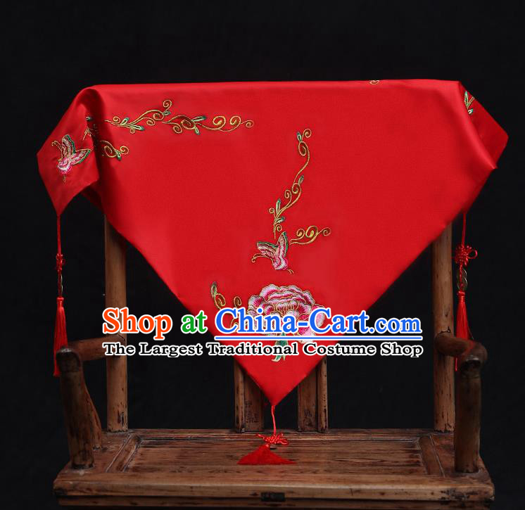 Chinese Ancient Wedding Headdress Embroidered Butterfly Peony Curtain Traditional Bride Handmade Red Veil for Women