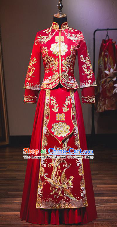 Chinese Traditional Bride Costume Red Xiuhe Suit Ancient Wedding Embroidered Phoenix Peony Dress for Women