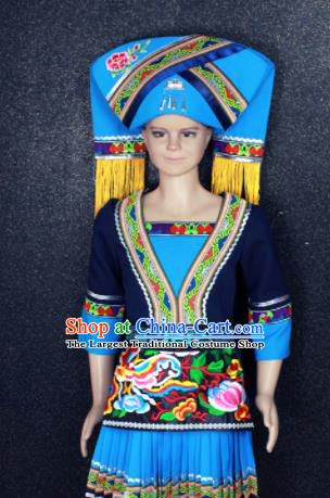 Chinese Traditional Zhuang Nationality Blue Embroidered Clothing Ethnic Folk Dance Costume for Kids