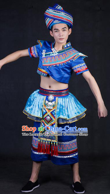 Chinese Traditional Zhuang Nationality Royalblue Clothing Ethnic Bridegroom Folk Dance Costume for Men