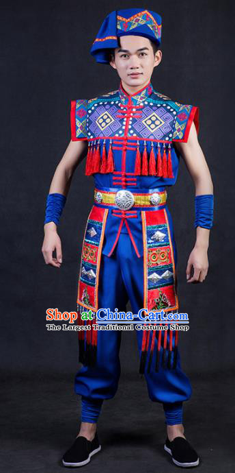 Chinese Traditional Yao Nationality Royalblue Clothing Ethnic Bridegroom Folk Dance Costume for Men