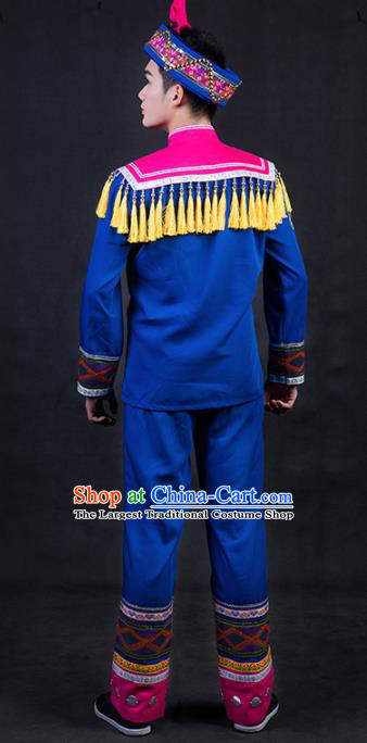 Chinese Traditional Zhuang Nationality Royalblue Clothing Ethnic Festival Folk Dance Costume for Men