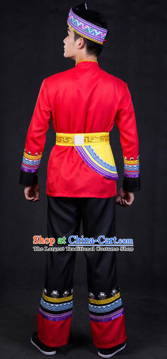 Chinese Traditional Zhuang Nationality Red Clothing Ethnic Festival Folk Dance Costume for Men