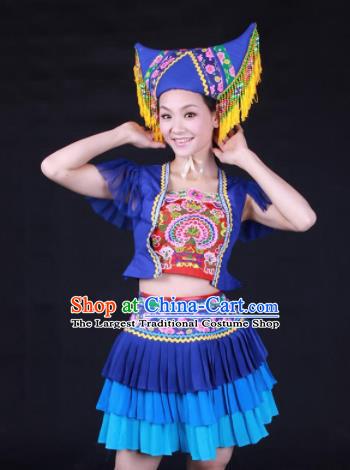 Chinese Traditional Zhuang Nationality Embroidered Blue Pleated Skirt Ethnic Folk Dance Costume for Women