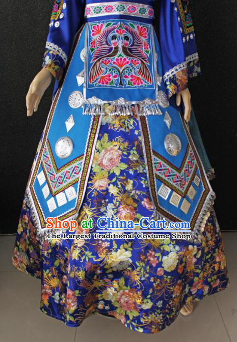 Chinese Traditional Miao Nationality Wedding Embroidered Blue Dress Ethnic Folk Dance Costume for Women