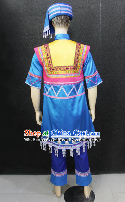 Chinese Traditional Zhuang Nationality Blue Clothing Ethnic Festival Folk Dance Costume for Men