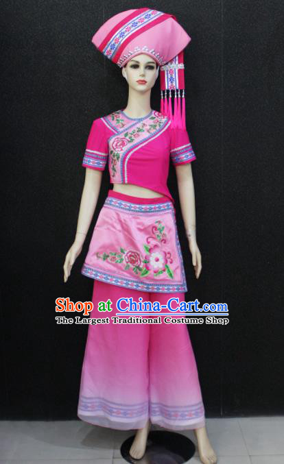 Chinese Traditional Zhuang Nationality Embroidered Pink Clothing Ethnic Folk Dance Costume for Women