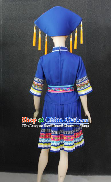 Chinese Traditional Zhuang Nationality Royalblue Dress Ethnic Folk Dance Costume for Women