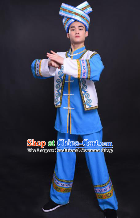 Chinese Traditional Ethnic Blue Costume Zhuang Nationality Festival Folk Dance Clothing for Men