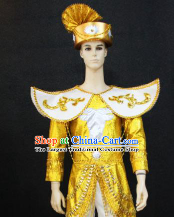 Chinese Traditional Ethnic Prince Golden Costume Miao Nationality Festival Folk Dance Clothing for Men
