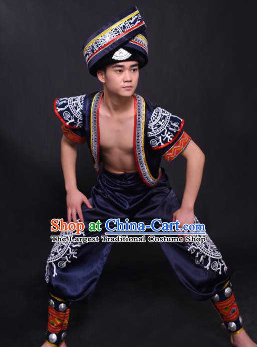 Chinese Traditional Ethnic Navy Costume Zhuang Nationality Festival Folk Dance Clothing for Men