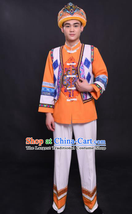 Chinese Traditional Ethnic Orange Costume She Nationality Festival Folk Dance Clothing for Men