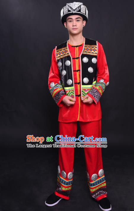 Chinese Traditional Ethnic Bridegroom Red Costume Miao Nationality Festival Folk Dance Clothing for Men