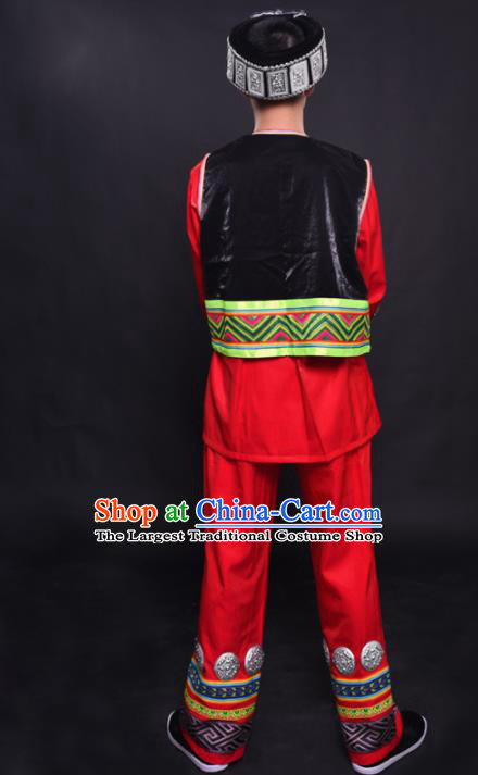 Chinese Traditional Ethnic Bridegroom Red Costume Miao Nationality Festival Folk Dance Clothing for Men