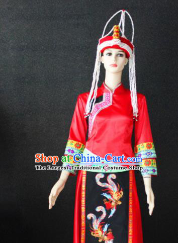 Chinese Traditional She Nationality Female Red Dress Ethnic Folk Dance Costume for Women