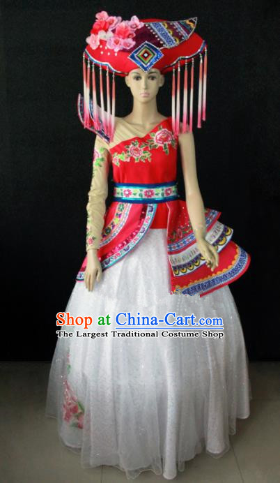 Chinese Traditional Zhuang Nationality Wedding Dress Ethnic Bride Folk Dance Costume for Women