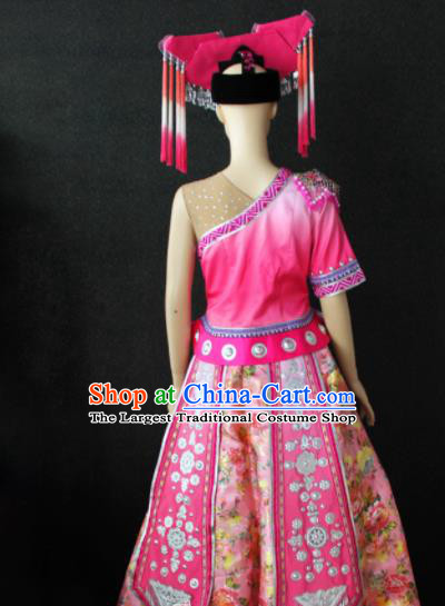 Chinese Traditional Zhuang Nationality Wedding Pink Dress Ethnic Folk Dance Costume for Women