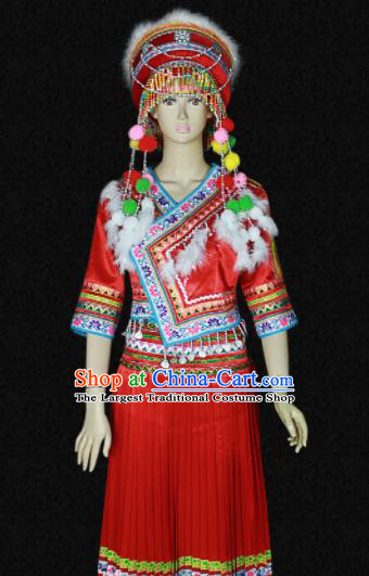 Chinese Traditional Bai Nationality Red Dress Ethnic Bride Folk Dance Costume for Women