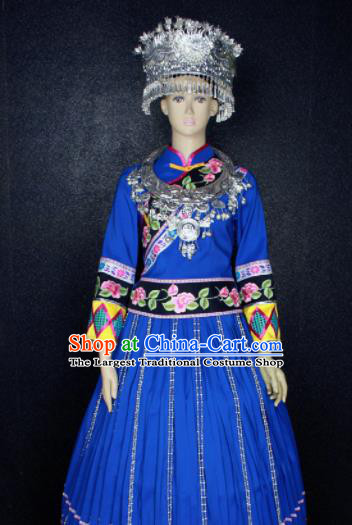 Chinese Traditional Miao Nationality Blue Dress Ethnic Bride Folk Dance Costume for Women