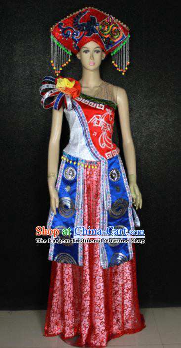 Chinese Traditional Zhuang Nationality Dress Ethnic Bride Folk Dance Costume for Women