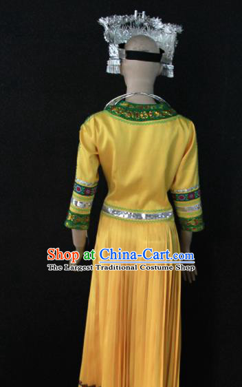 Chinese Traditional Miao Nationality Yellow Dress Ethnic Bride Folk Dance Costume for Women